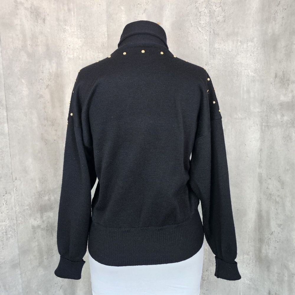 Vintage 80s Meister Womens M Black Knit Turtleneck Sweater Brass Studded Detail - Picture 6 of 8